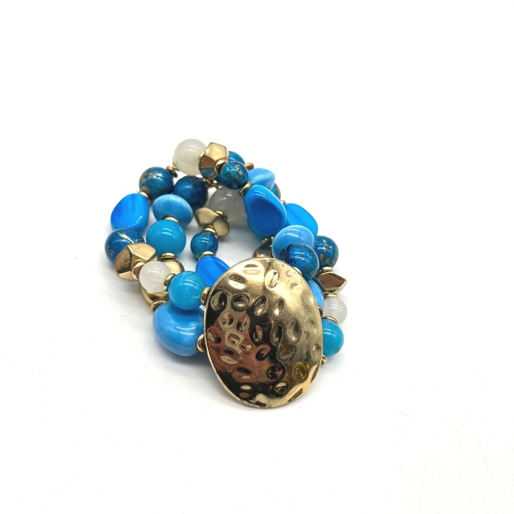 Blue Beaded‎ Multi Strand Stretch Bracelet Hammered Gold Tone Statement Jewelry